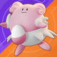 Blissey, a pink and white, egg-shaped Pokémon, against a purple and orange background.